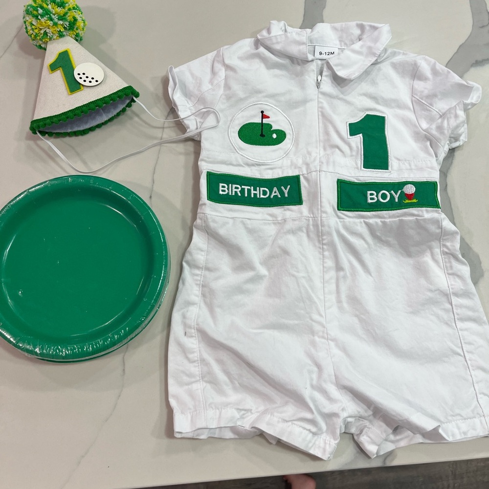 White Birthday Boy Romper “1” caddie outfit, photo board, one sign for birthday
